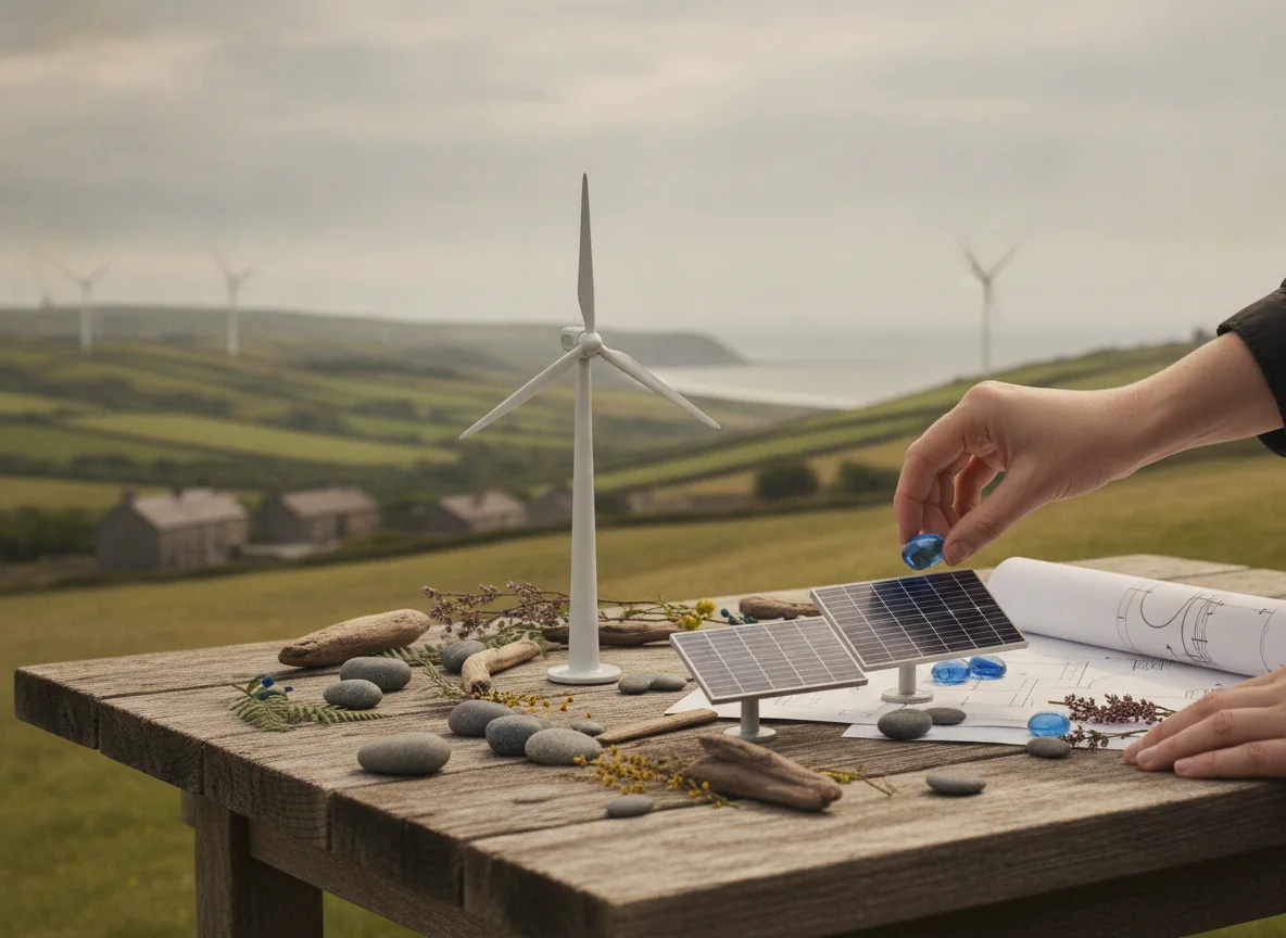 AI-generated conceptual illustration: a model wind turbine, solar panels and plans on a table overlooking a rural wind farm.
