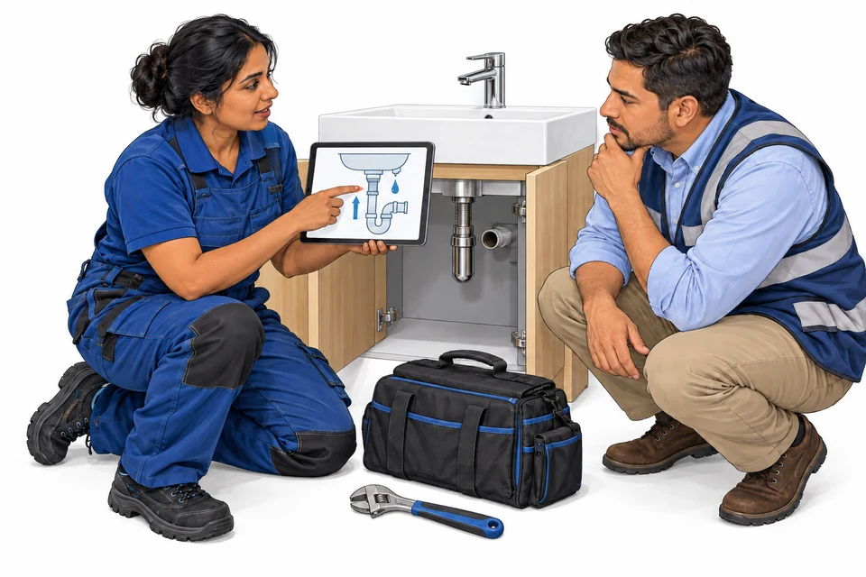 Plumbing Workplace English: illustration from the revised learner book.